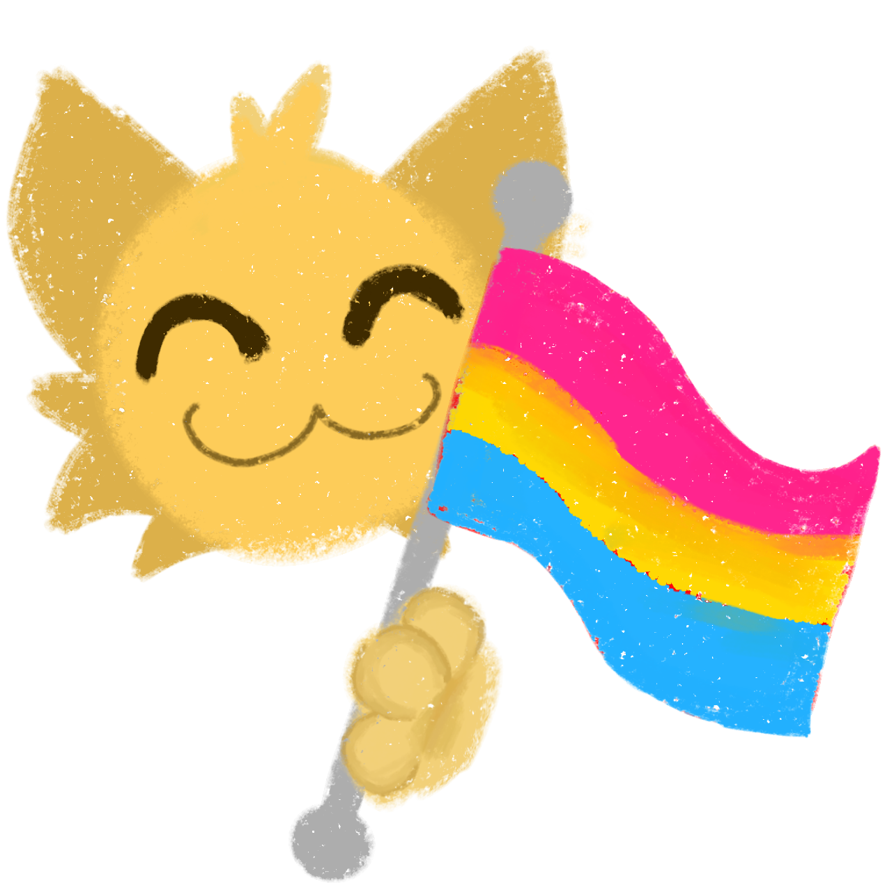 a cute, stylized, yellow cat-like character with a happy expression, holding a pan flag, which includes pink yellow and blue The cat character has round, simple facial features, and the image has a textured look.